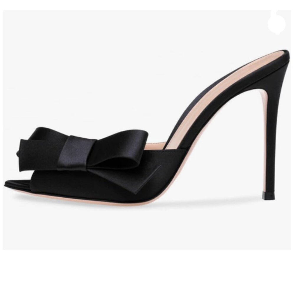 YDN Black Stiletto Heel Mules Peep Toe Slide Sandal Slipper Bowknot Party Shoes
